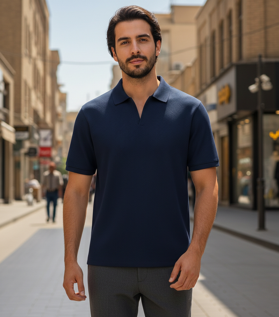 تیشرت میله ای یقه دار tavar-سرمه ای